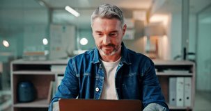 Laptop, face and research with business man in office for article editor, planning and publication. Email newsletter, proofreading draft and journalist story with mature person in agency for report - Powered by Shutterstock - Get 15% off with code: PIKWIZARD15