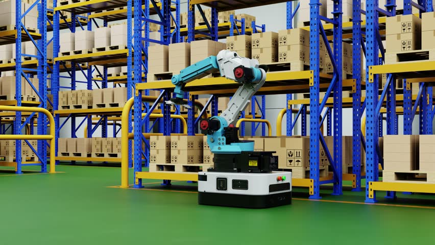Automated robotic arm and automated guided vehicle managing packages in a modern warehouse. Featuring shelves with cardboard boxes- 3D rendering