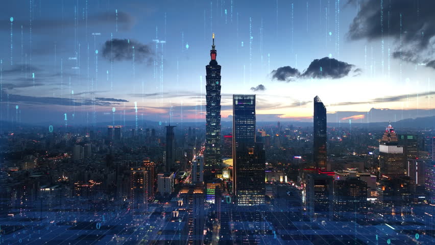 Futuristic network concept, city Technology.Financial charts and data over Taipei. Futuristic city skyline. Big data, artificial intelligence, Internet of Things.