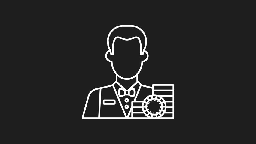 Croupier white line animation. Faceless casino dealer in line art style handling chips. Suitable for casinothemed designs, gambling concepts, and illustrations of card games.