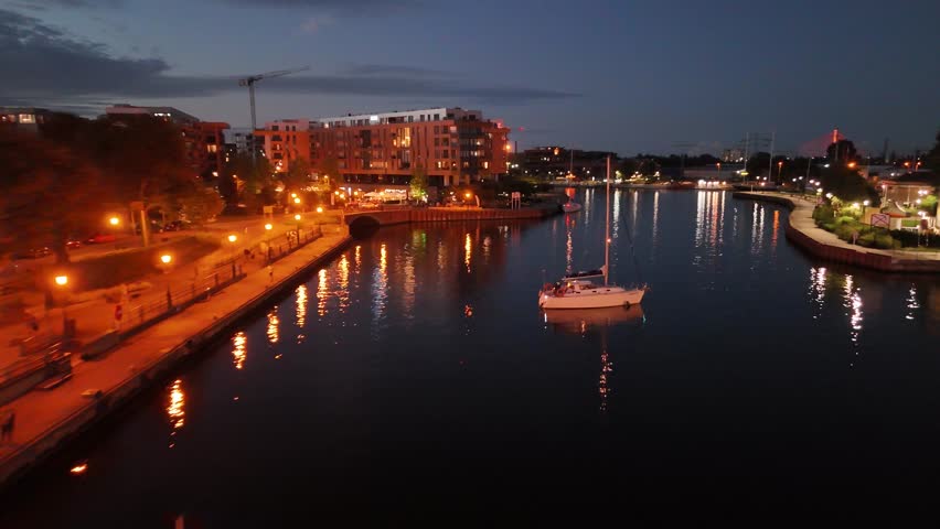 Old town night evening lighting city center view from above flyover Gdansk Poland