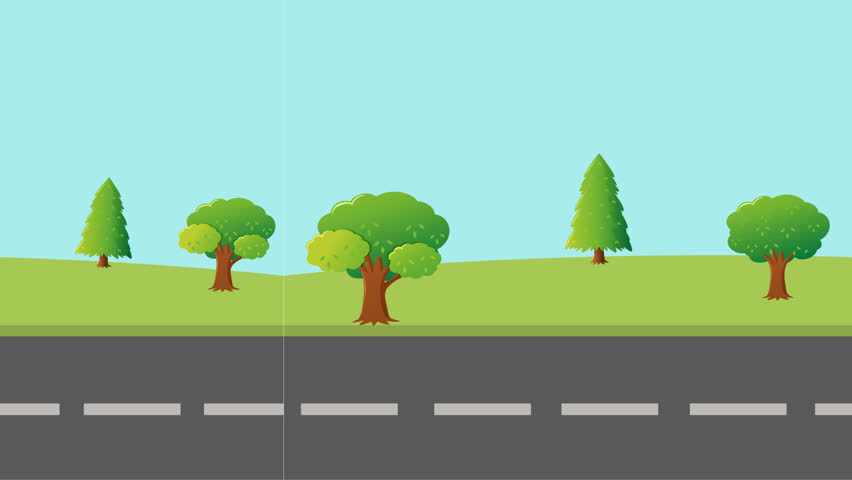 Animated back to school scene with yellow bus, green trees, and bold orange text in flat style. 4K motion graphic ideal for education, kids content, and school promos.