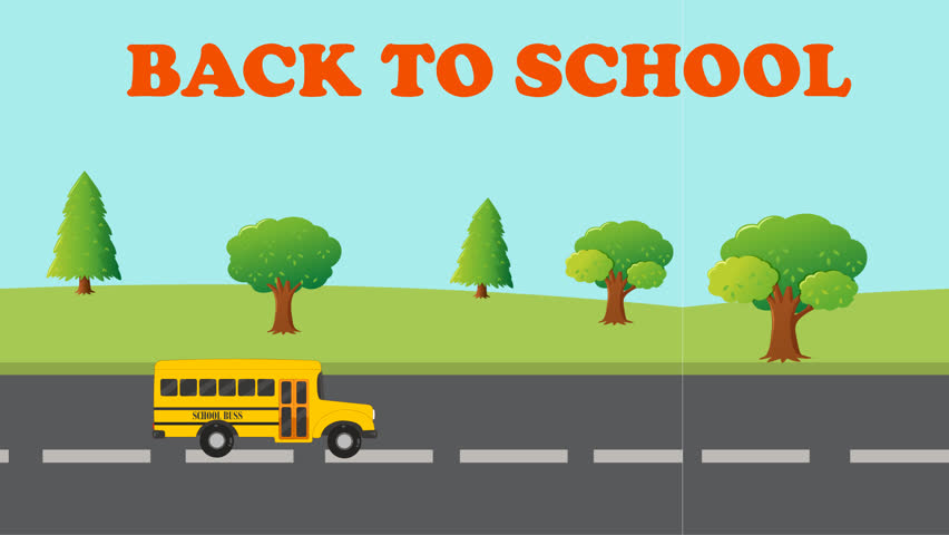 Animated back to school scene with yellow bus, green trees, and bold orange text in flat style. 4K motion graphic ideal for education, kids content, and school promos.