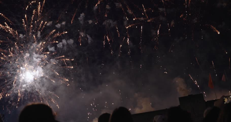 iew of fireworks painting the dark sky with light trails and bursts.