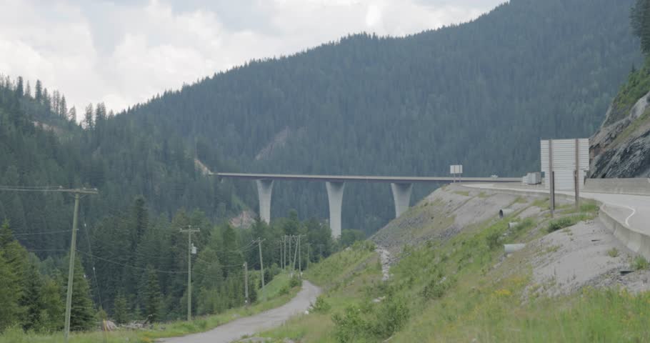 Park Bridge from the Kicking Horse rest area that crosses over Kicking Horse River near Golden British Coumbia, Canada.