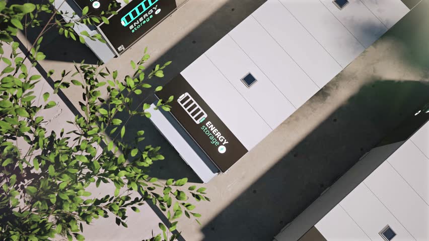 3d rendering group of energy storage systems or battery container units top view 4k footage