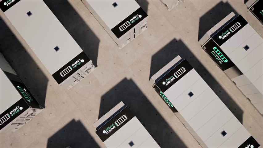 3d rendering group of energy storage systems or battery container units top view 4k footage
