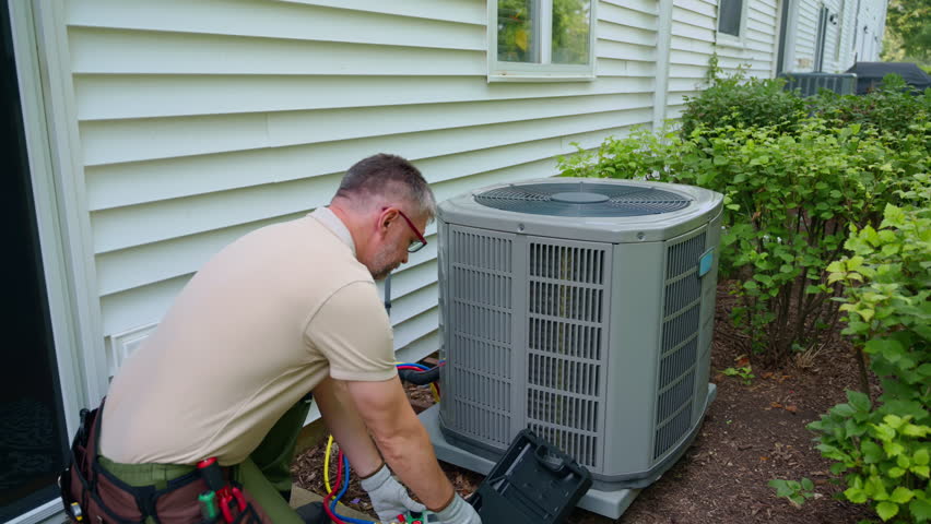 HVAC service worker diagnoses or repairs air conditioner compressor. HVAC Maintenance Service