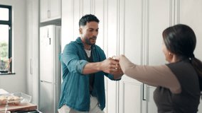 Cooking, couple or holding hands with dancing in kitchen for love, anniversary celebration or rhythm. Home, people or energy with movement, dinner date and bonding together with connection or romance - Powered by Shutterstock - Get 15% off with code: PIKWIZARD15