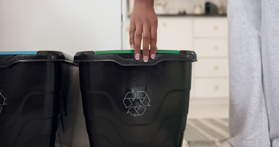 Trash, home and woman with recycle bins, bottle and garbage with litter, reduce waste and eco friendly. Plastic, reuse or person with sustainability, environment or recycling with renewable material