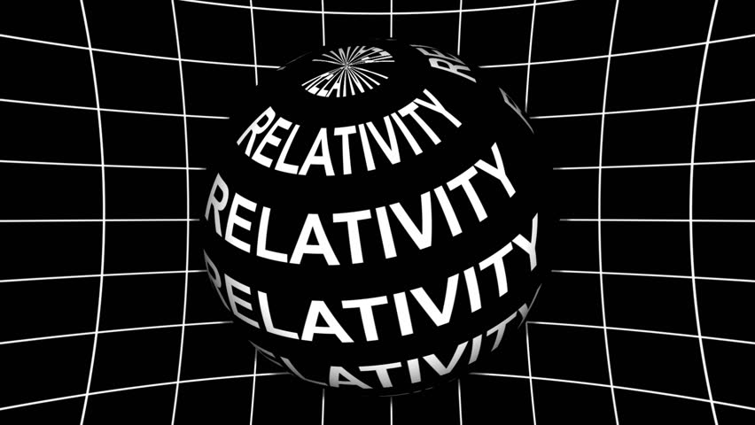 Kinetic loop animation with the word "RELATIVITY" spinning in a grid-like black and white illusion, evoking motion and distortion.