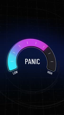 Animated digital panic gauge presentation template, moving from safe low level to extremely high dangerous level, blue, magenta, red meter display, HUD interface design, copy space