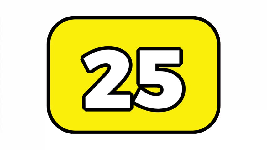 25 second countdown with downward sliding white number on yellow rectangle for infographics, presentations, websites, social media posts, and marketing campaigns