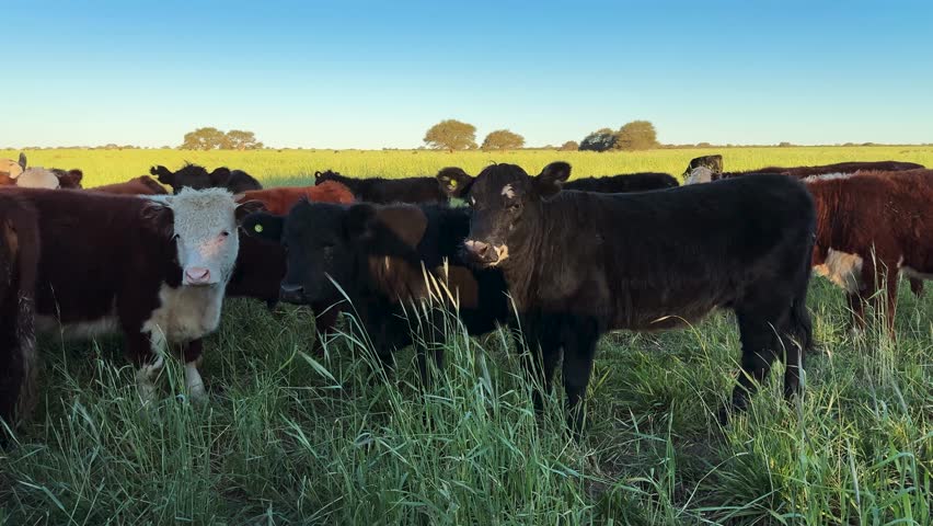 Angus And Hereford Cattle Breeds Over Grassland Farms. Static Shot
