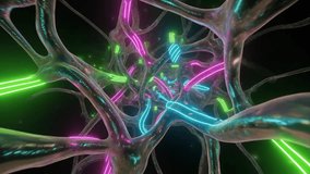 An energetic organic neural web combining translucent bio-tubes and digital circuits, where glowing green, cyan, and magenta pulses race through a network of semi-organic tendrils.  - Powered by Shutterstock - Get 15% off with code: PIKWIZARD15