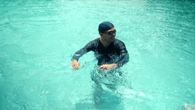 Relax moment of man in swim cap and rash guard adjusts their swimming goggles ready to dive into the pool. Aquatic sports and a healthy active lifestyle perfect fitness and summer activities. - Powered by Shutterstock - Get 15% off with code: PIKWIZARD15