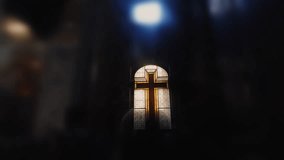 Golden stained glass cross window in cathedral interior with divine light shining from above, representing Christian sacred architecture and atmosphere of faith and devotion - Powered by Shutterstock - Get 15% off with code: PIKWIZARD15