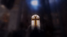 Golden stained glass cross window in cathedral interior with divine light from above, symbolizing Christian faith, sacred architecture, and spiritual devotion - Powered by Shutterstock - Get 15% off with code: PIKWIZARD15