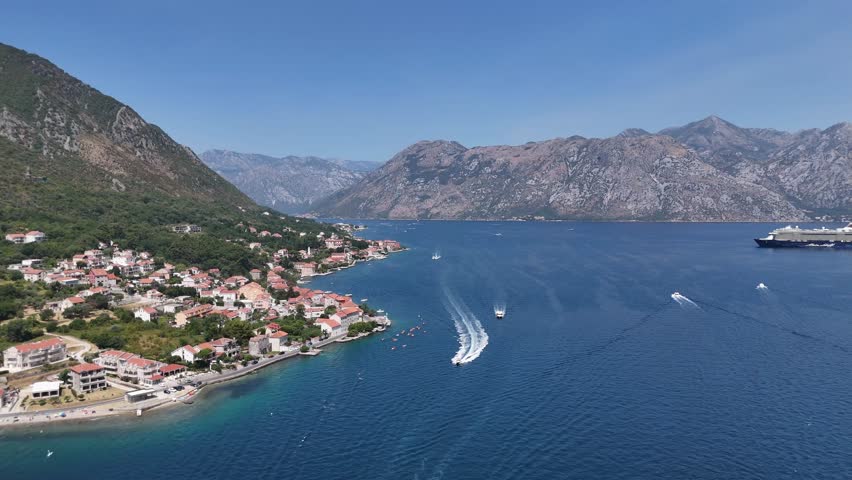 Aerial drone view bay of kotor old coastal town city montenegro balkan country balkans Adriatic Sea