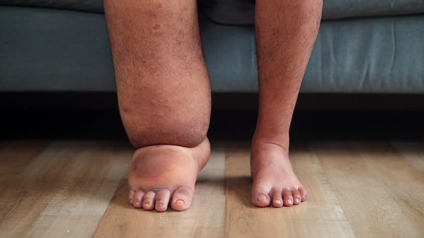 Close Up Of Young Man Massaging Swollen Leg With Hands To Relieve Discomfort