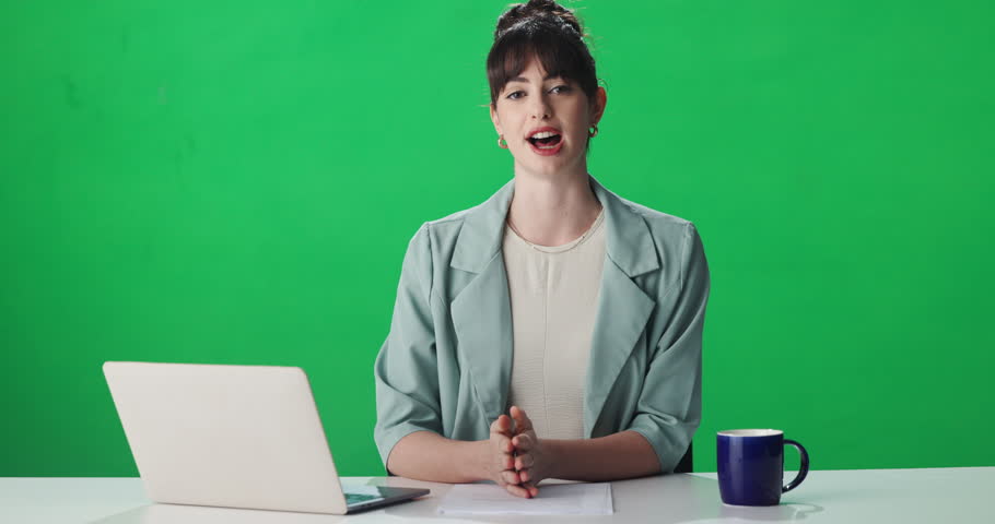 Reporting, woman and journalist with breaking news, green screen or talking live for global updates. Tv, reporter and person with information for public, press and broadcast of announcement in studio