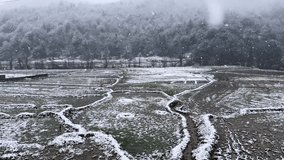 panoramic view of farm winter season rural village mountain countryside Iran paddy field agriculture freezing snow wooden cabin forest livestock lifestyle nature gravel driving woods scenic landscape - Powered by Shutterstock - Get 15% off with code: PIKWIZARD15