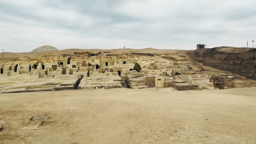 Saqqara, Egypt - Feb 5, 2024: View of recent archaeological excavations at the Bubasteion in Saqqara, revealing ancient tombs and artifacts linked to the cat goddess Bastet.