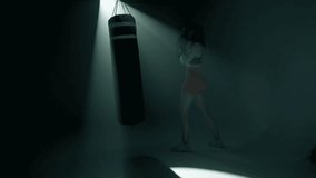 Blonde fit woman throws strong jabs and hooks at a heavy bag using both hands. Full body shot with slow camera push-in. Powerful, energetic punches in smoky gym with dramatic cinematic lighting - Powered by Shutterstock - Get 15% off with code: PIKWIZARD15