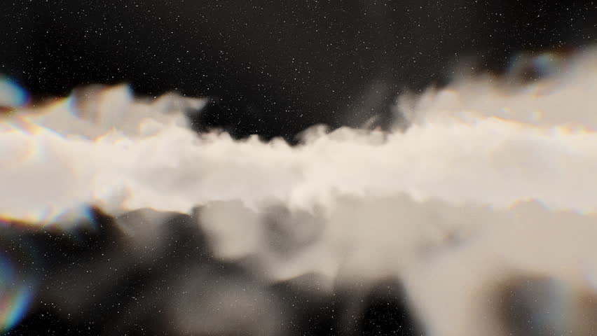 Deep space journey, flying through glowing white clouds with subtle chromatic aberration and rainbow light effects. Features a starry black background and ethereal atmosphere. Abstract cosmic projects