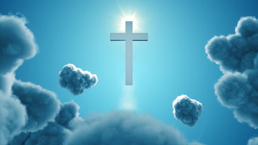 A white cross is slowly revealed through thick clouds, glowing with a powerful light from behind. The camera moves gently toward the cross along a corridor of clouds. Uncertainty turning into faith.