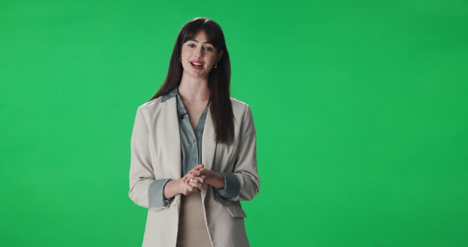 News anchor, woman and reporter with mockup space, discussion and forecast on green screen. Speaker, talk and presenter in studio for broadcast, media face or communication for journalism or weather