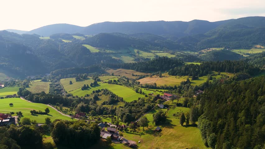 Cinematic Drone Flight Over Wild Alpine Landscapes in Austria. Top Cinematic Aerial View. Wild nature and landscape from above
