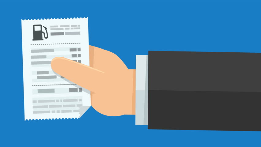 A hand presents a fuel receipt from the right on blue background (flat design)