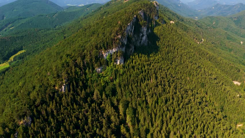 Cinematic Drone Flight Over Wild Alpine Landscapes in Austria. Top Cinematic Aerial View. Wild nature and landscape from above