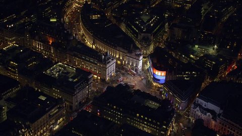 LONDON - MARCH 28: Aerial night-time view of Piccadilly Circus in Central London March 28, 2013 in London, England. 