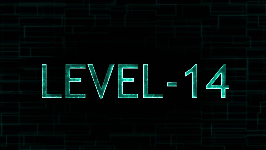 Level fourteen text font with neon line. Level-14 text glowing animation with technology background.	