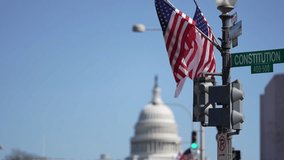 Video intro for voting and elections in the USA. American construction flag. Capitol congress Washington DC. Capital of USA. Citizenship government. America concept. Flying flag. Patriotic symbol US. - Powered by Shutterstock - Get 15% off with code: PIKWIZARD15