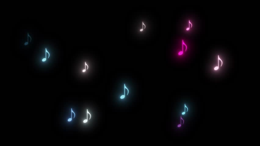 Glowing colorful neon pink retro musical notes floating on black background looping animation.