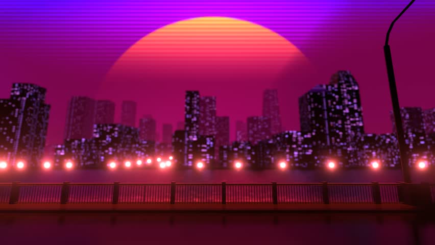 A retro-futuristic neon cityscape with glowing grid lines, palm trees, and a glowing sun in vibrant Synthwave colors