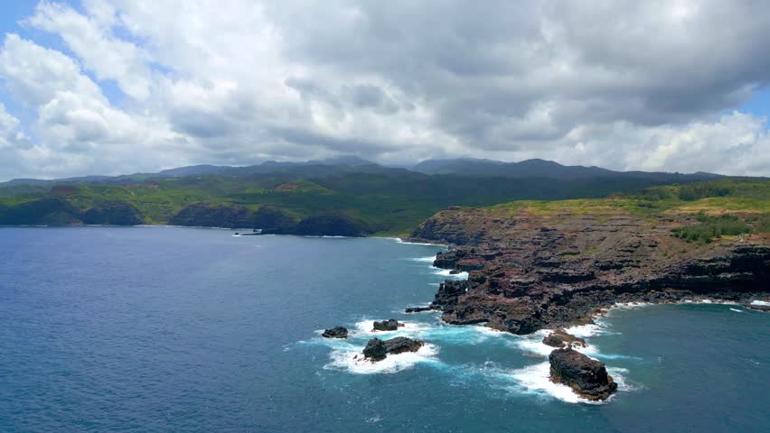 Dramatic Aerial View of the Rugged Coastline around the Nakalele Blowhole, Maui, Hawaii