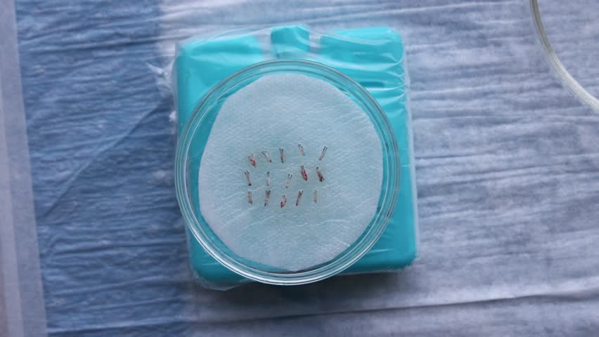An closeup shot of extracted hair follicles arranged in a petri dish on medical gauze during transplant prep
