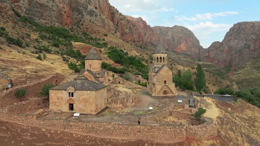 A drone footage of the 13th-century Noravank monastery, located near the town of Yeghegnadzor in Armenia during daytime