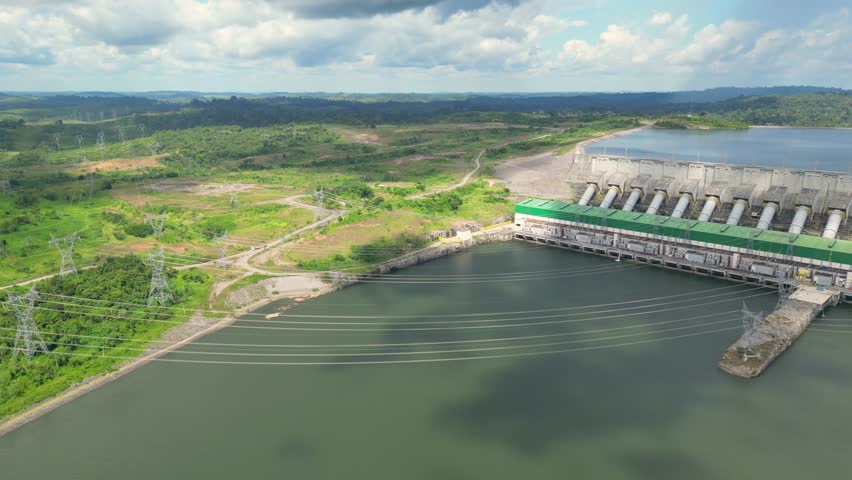 Aerial drone view of the Belo Monte hydroelectric power plant, one of the largest in Brazil, located on the Xingu river basin near the city of Altamira, in the state of Para