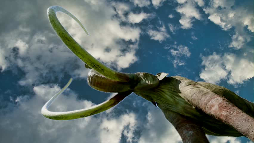 A low-angle view of a towering mammoth model, its massive form silhouetted against a clear blue sky