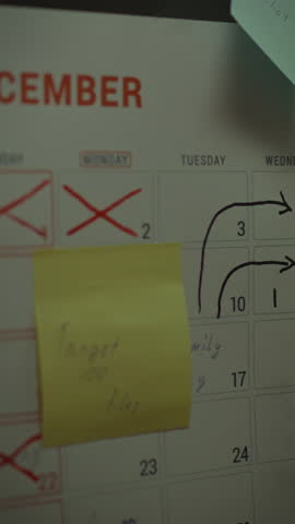 A person of Caucasian descent is actively writing notes in a weekly planner. The close up highlights written reminders and marks on the calendar, indicating a busy schedule for the week