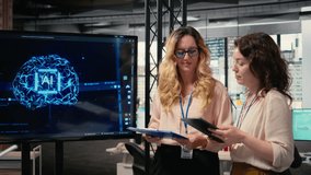 Team of colleagues using strategic artificial intelligence cloud computing to conduct data analysis, optimized decision making and project forecasting. Development with automation. Camera A. - Powered by Shutterstock - Get 15% off with code: PIKWIZARD15