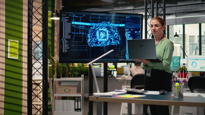 IT company manager uses AI automation and deep learning for performance forecasting, strategic planning in a modern multinational company focused on growth and productivity. Camera A.