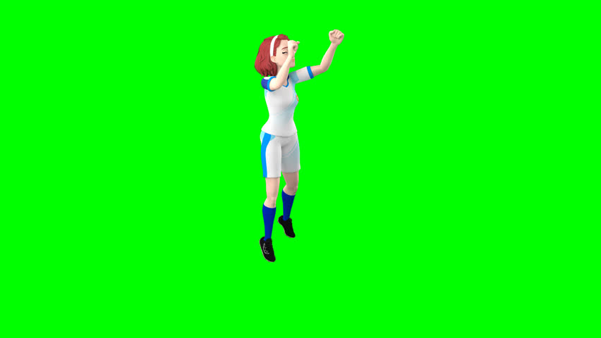 3D female soccer player celebrating a goal with energetic motion on green screen. Perfect for sports promos, digital content, or motion graphics.