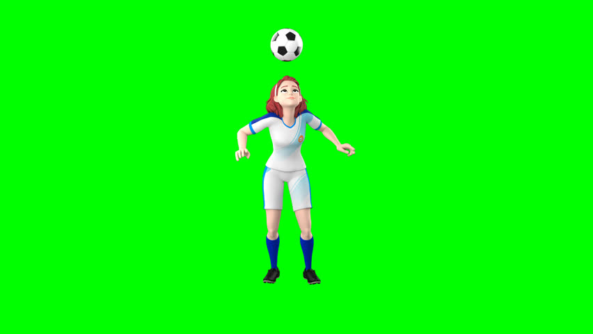 3D Female Soccer Player Juggling Ball on Head – Green Screen Animation. 3D green screen animation of a female soccer player juggling a ball on her head. Perfect for sports promos, training content. 