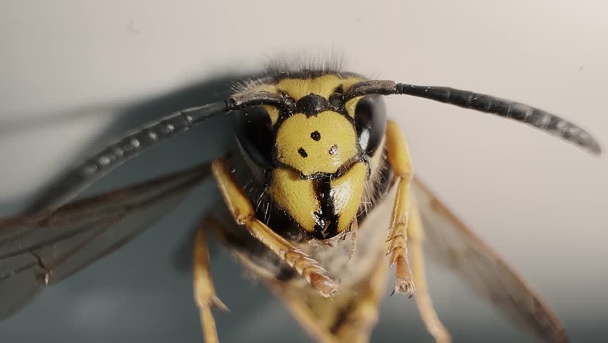 Macro shot of wasp face with visible antennae, eyes, and body texture. Yellow-black markings shown in high detail. Ideal for science or biology visuals.